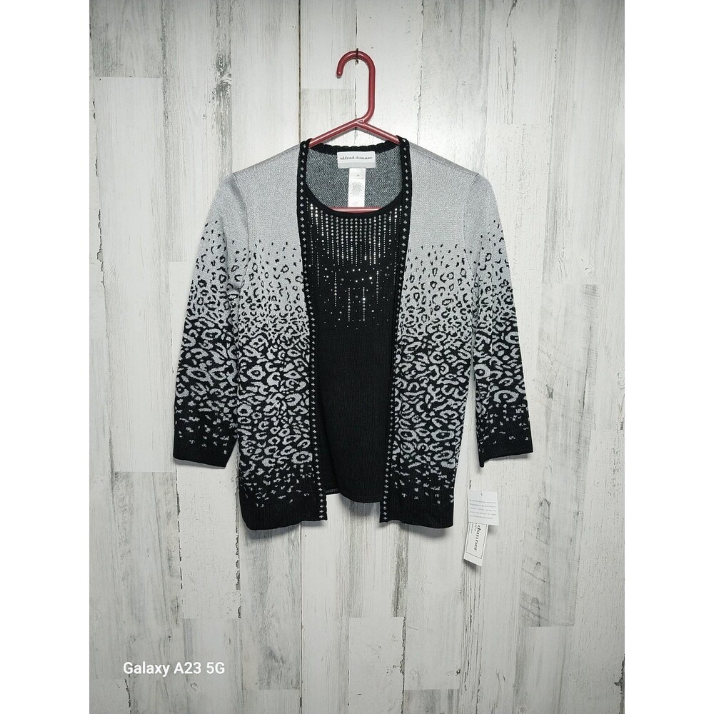 Alfred Dunner Petite Small Silver Black Cardigan Sweater With Attached Cami